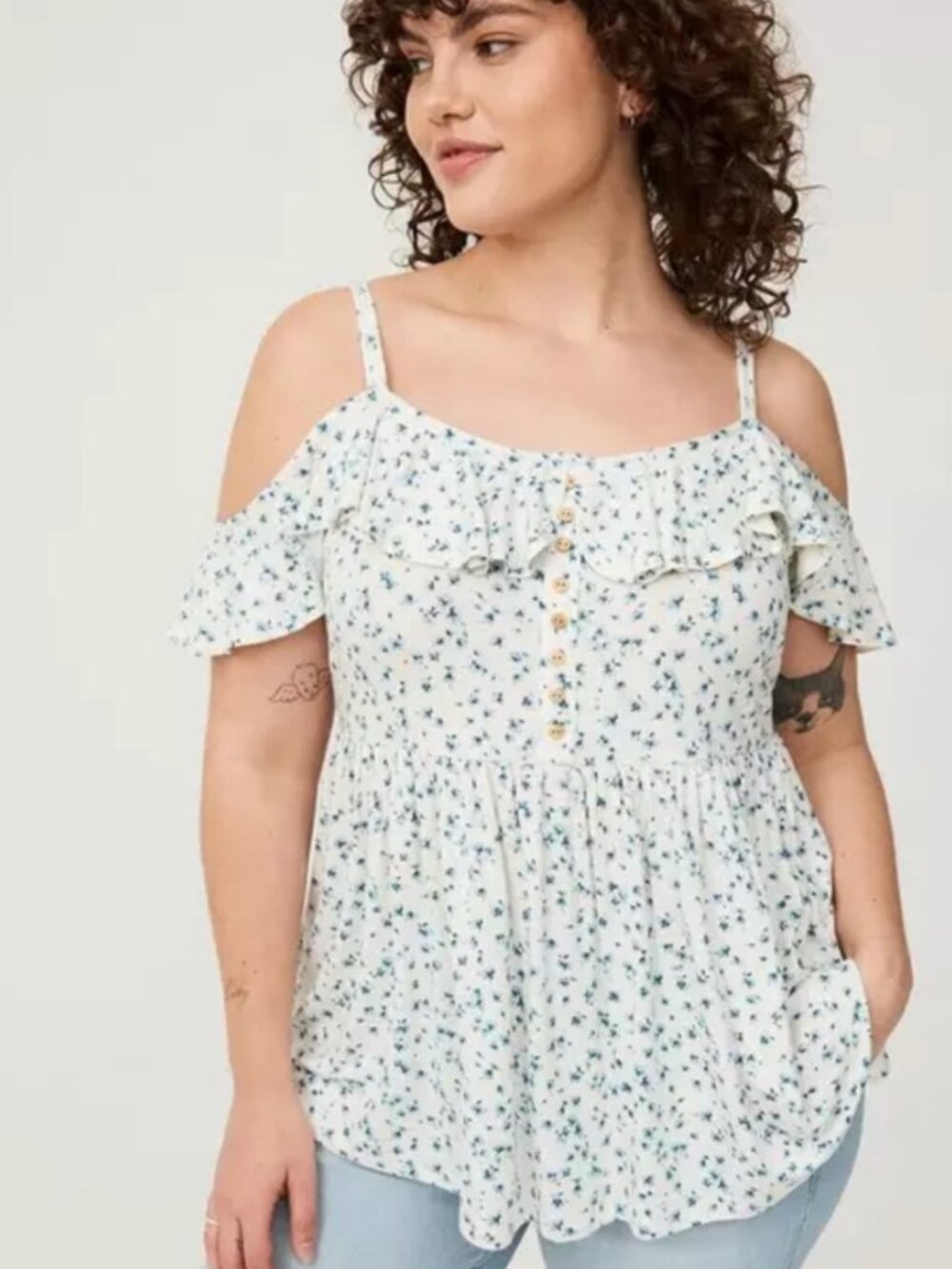 Cottagecore Outfit Set — Torrid Cold Shoulder Floral Top + Rose Heart Earrings